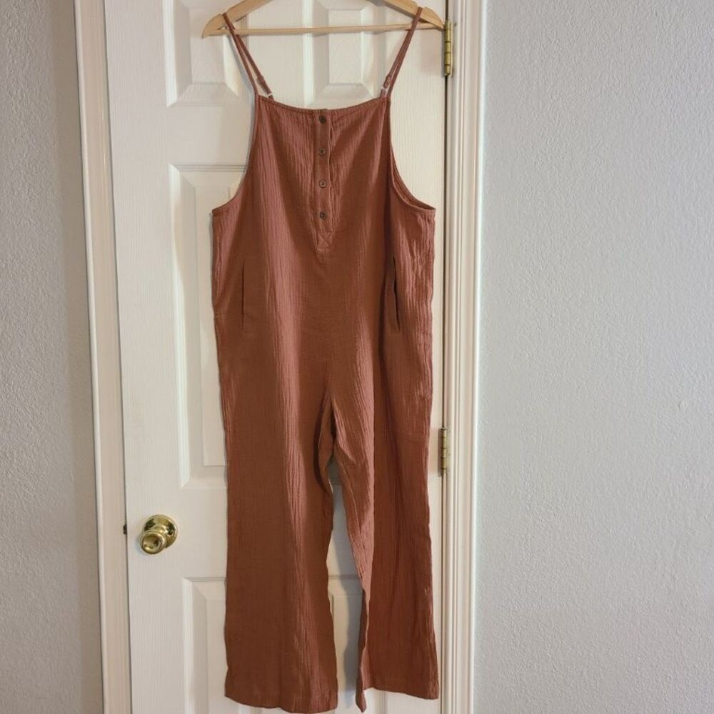 Sweet Lovely by Jen Cotton Gauze Jumpsuit M Rust Boho Wide Leg Capri Romper
